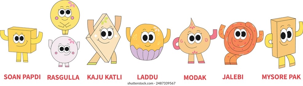 Sweets Of India, gifting sweets avatar cartoon style,vector isolated set,types of sweet set.  