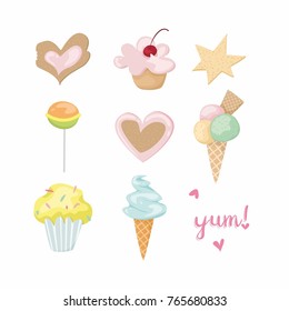 Sweets isolated vector set. Cupcakes, cookies, ice cream and lollypop.