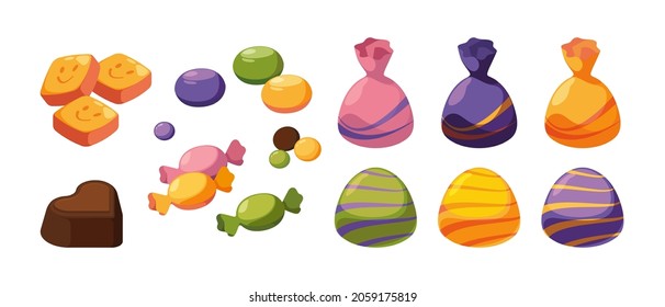 Sweets isometric. Delicious products sweets chocolate candy lollipops garish vector products for kids