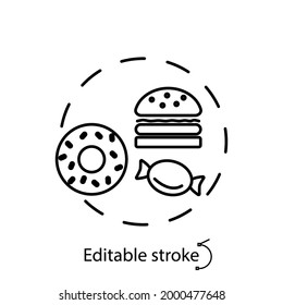 Sweets and junk food concept outline concept icon. Kids menu. bad eating habits. Healthy eating program. Customizable linear contour symbol. Editable stroke. Isolated vector stock illustration