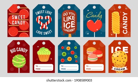 Juego de etiquetas de dulces. Crema de hielo, conos, copas coloridas, caramelos, quequitos, macarons ilustraciones vectoriales con texto. Postre, comida dulce, concepto de café para etiquetas o diseño de tarjetas de felicitación