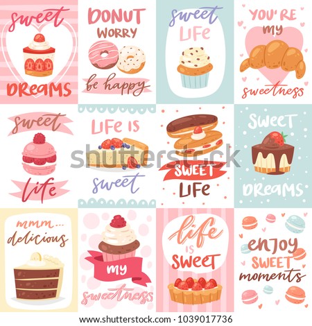 Sweets lettering vector confectionery cupcake sign and sweet confection chocolate dessert with caked candies template for typography illustration confected donut set isolated on white background