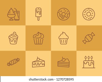 Sweets line icon set. Set of line icons on white background. Confectionery concept. Ice-cream, pie, cake, caramel. Vector illustration can be used for topics like confectionery, sweet, cafe