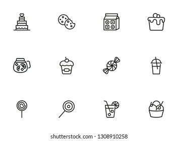 Sweets line icon set. Set of line icons on white background. Cupcake, caramel, lemonade. Food concept. Vector illustration can be used for topics like confectionery, sweet shop, bakery