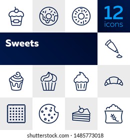 Sweets line icon set. Set of line icons on white background. Confectionery concept. Donut, cupcake, pie. Vector illustration can be used for topics like bakery, baking