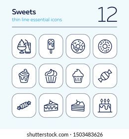 Sweets line icon set. Set of line icons on white background. Confectionery concept. Ice-cream, pie, cake, caramel. Vector illustration can be used for topics like confectionery, sweet, cafe