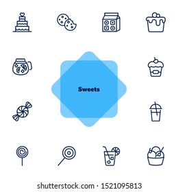 Sweets line icon set. Set of line icons on white background. Cupcake, caramel, lemonade. Food concept. Vector illustration can be used for topics like confectionery, sweet shop, bakery
