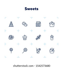 Sweets line icon set. Set of line icons on white background. Cupcake, caramel, lemonade. Food concept. Vector illustration can be used for topics like confectionery, sweet shop, bakery