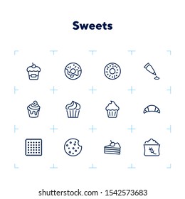 Sweets line icon set. Set of line icons on white background. Confectionery concept. Donut, cupcake, pie. Vector illustration can be used for topics like bakery, baking