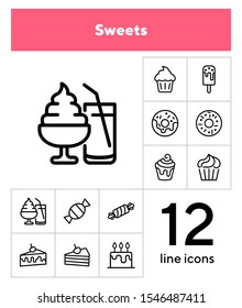 Sweets line icon set. Set of line icons on white background. Confectionery concept. Ice-cream, pie, cake, caramel. Vector illustration can be used for topics like confectionery, sweet, cafe