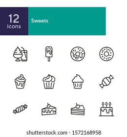 Sweets line icon set. Set of line icons on white background. Confectionery concept. Ice-cream, pie, cake, caramel. Vector illustration can be used for topics like confectionery, sweet, cafe