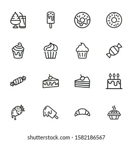 Sweets line icon set. Set of line icons on white background. Confectionery concept. Ice-cream, pie, cake, caramel. Vector illustration can be used for topics like confectionery, sweet, cafe