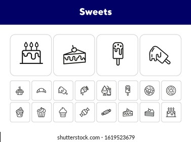 Sweets line icon set. Set of line icons on white background. Confectionery concept. Ice-cream, pie, cake, caramel. Vector illustration can be used for topics like confectionery, sweet, cafe