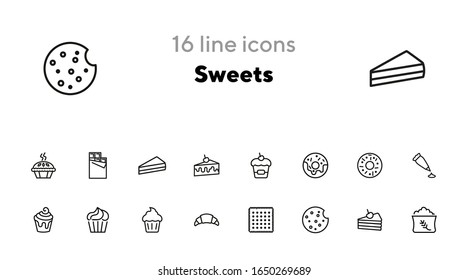 Sweets line icon set. Set of line icons on white background. Confectionery concept. Donut, cupcake, pie. Vector illustration can be used for topics like bakery, baking