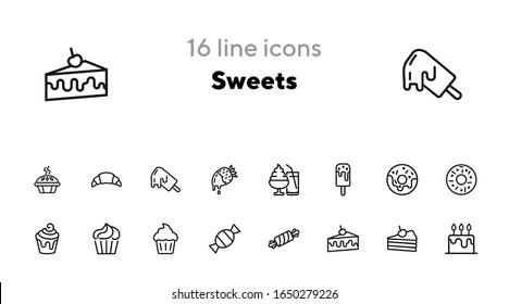 Juego de iconos de línea Sweets. Conjunto de iconos de línea en fondo blanco. Concepto de pastelería. Helado, pastel, pastel, caramelo. La ilustración vectorial puede utilizarse para temas como la repostería, el dulce, el café