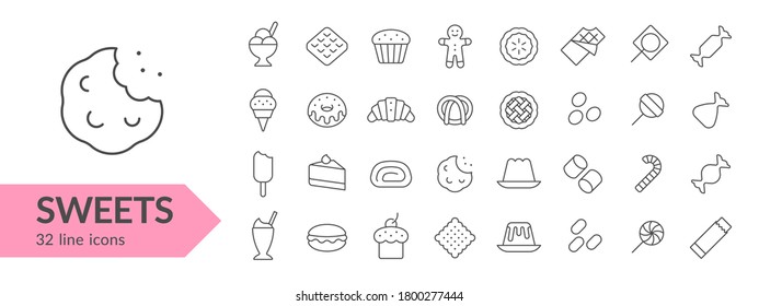 Sweets line icon set. Isolated signs on white background. Vector illustration. Collection