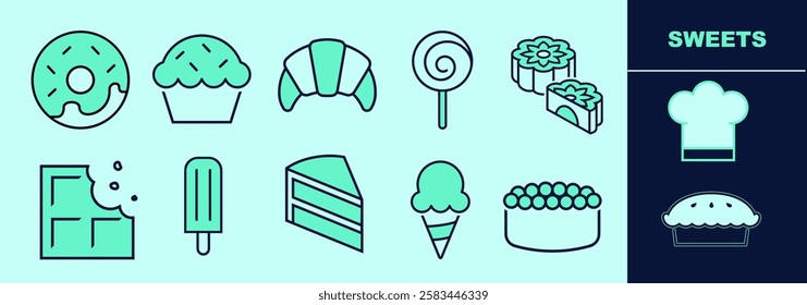 Sweets LINE icon set for logo and digital work. Sweets silhouettes of doughnut, lollipop, croissant, chocolate, popsicle, cake, pie, chef hat. Editable elements, size and color.