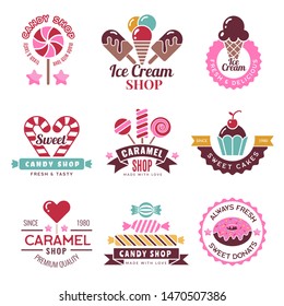 Sweets logo. Badges for candy shop confectionery company lollipop cakes and donuts vector collection. Illustration of confectionery emblem and logo, badge company candy