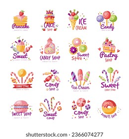 Sweets logo. Bakery and ice cream symbols badges with place for text recent vector illustrations set