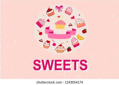 Sweets logo lettering template design vector.  Cupcakes, candies, strawberry, cherry, bow and orange in circle on pink textured  background. 