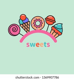 Sweets logo. Lollipop, cupcake, ice cream, donut, candy icons, store goodies logo. Vector illustration isolated