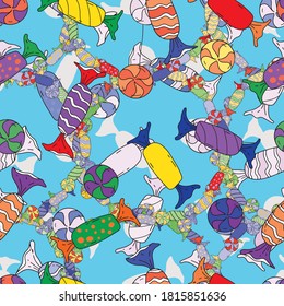 Sweets, lollipops, caramels. Seamless vector pattern.