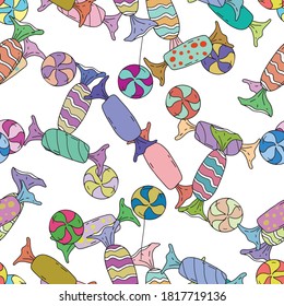 Sweets, lollipops, caramels. Seamless vector pattern.