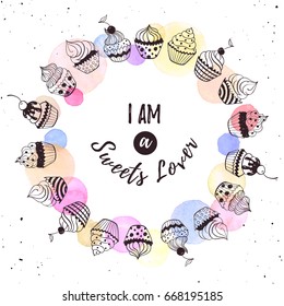 I'm a sweets lover. Cool concept for t-shirt print. Coffee love greeting card design. Hand drawn line art illustration with teapots, cups and sweets in circle frame.
