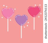 Sweets molded heart of candies on pink background. Simple hand drawn heart lollipops. Perfect As Wall Art, Valentine