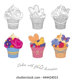 Sweets - muffins and cakes decorated of confectionery mastic flowers - roses, pansies and forget-me-not , cookies, berries, bird and butterfly. Color, black, concept, isolated on white background.