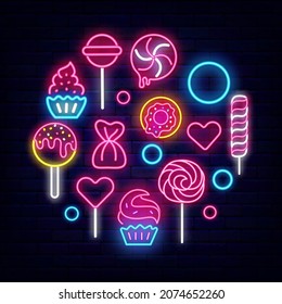 Sweets neon circle layout. Candy shop shiny logo. Cupcake. Cake pop and donut. Bakery emblem. Luminous label. Night bright signboard on brick wall. Vector stock illustration