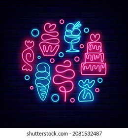 Sweets Neon Circle Layout. Candy Shop Shiny Signboard. Cupcake. Cake Pop And Lollipop. Bakery Emblem. Night Bright Logo. Vector Illustration