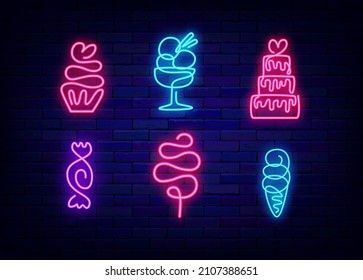 Sweets neon icon collection. One line drawing. Candy shop shiny signboard. Ice cream. Cotton candy sign. Cupcake. Wedding cake symbol. Bakery continuous emblem. Bright logo set. Vector illustration