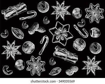 sweets, nuts and spices. set of sketches on an black background   