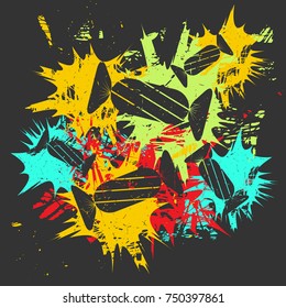 Sweets on black background with color spots. Grunge vector illustration
