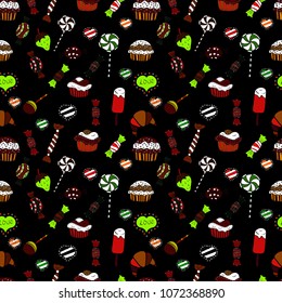 Of sweets on black, brown and white background. Seamless candies. Flat style Vector illustration. For game, postcard, invitation and web design.