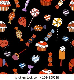 Of sweets on black, orange and white background. Flat style Vector illustration. For game, postcard, invitation and web design. Seamless candies.