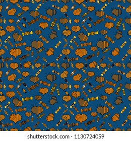 Of sweets on blue, brown and orange background. Flat style Vector illustration. For game, postcard, invitation and web design. Seamless candies.