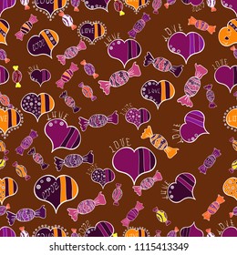 Of sweets on brown, purple and white background. For game, postcard, invitation and web design. Seamless candies. Flat style Vector illustration.