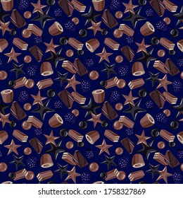 С dulces de chocolate sobre fondo marino. Patrón sin foco. Vector
