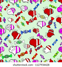 Of sweets on neutral, white and red background. Flat style Vector illustration. Seamless candies. For game, postcard, invitation and web design.