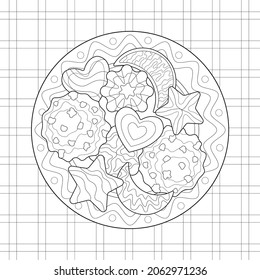 Sweets on the plate and simple tablecloth. Chocolate chocokie, with glaze and jam, gingerbread. Tasty isolated illustration. Food. For coloring book.