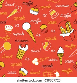 Sweets on a red background. Seamless pattern of ice cream and cupcakes hand-drawn.