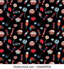 Of sweets on red, white and black background. For game, postcard, invitation and web design. Flat style Vector illustration. Seamless candies.