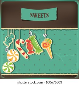 Sweets on strings. Vintage polka dots background. Vector illustration.