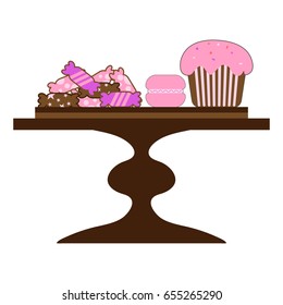 Sweets on the table. Cupcake and cookies on a brown table. Vector illustration.