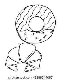 Dulce la imagen vectorial de ilustración de contorno. Galleta dibujada a mano, muffin, caramelos dibujando imágenes. Icono de logotipo original simple a partir del dibujo de lápiz.