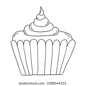 Dulce la imagen vectorial de ilustración de contorno. Galleta dibujada a mano, muffin, caramelos dibujando imágenes. Icono de logotipo original simple a partir del dibujo de lápiz.