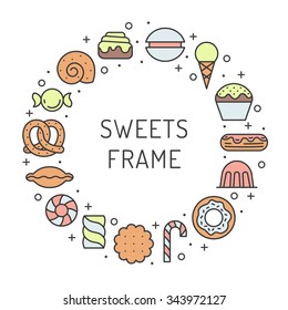 Sweets outline multicolored circle frame. Modern minimalistic design (part two).