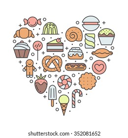 Sweets outline multicolored heart background. Modern minimalistic design.